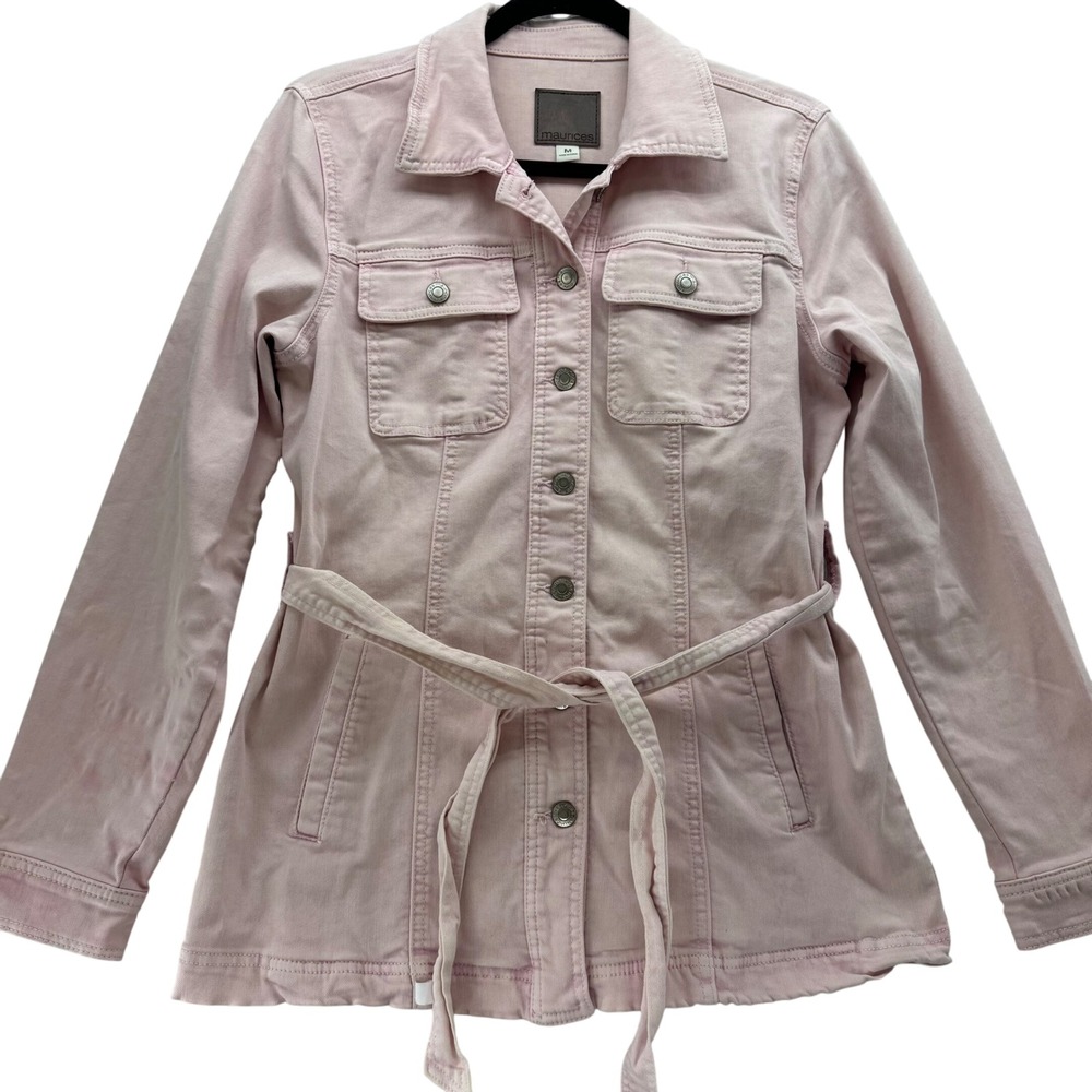 Maurices Women's M Pink Denim Jacket Belted Longline Button‎ Front Casual Coat